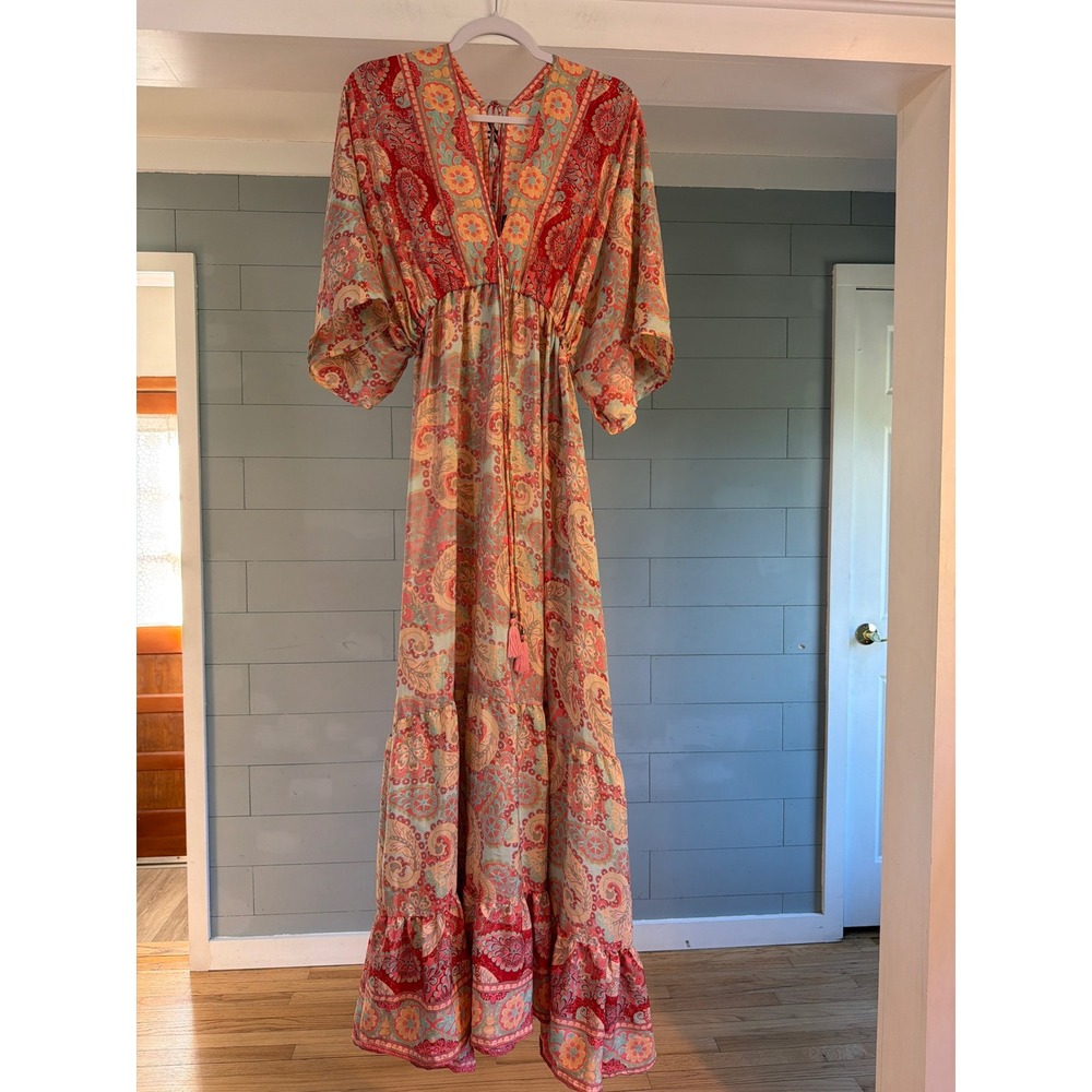 Zury Silk Blend Paisley Maxi Dress Pink Orange Blue Boho Kimono Sleeve OS